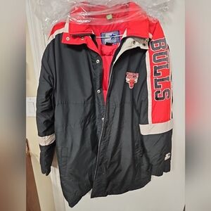 RARE Vintage 90s JORDAN CHICAGO BULLS Starter Trench Parka Coat XL Down Feather